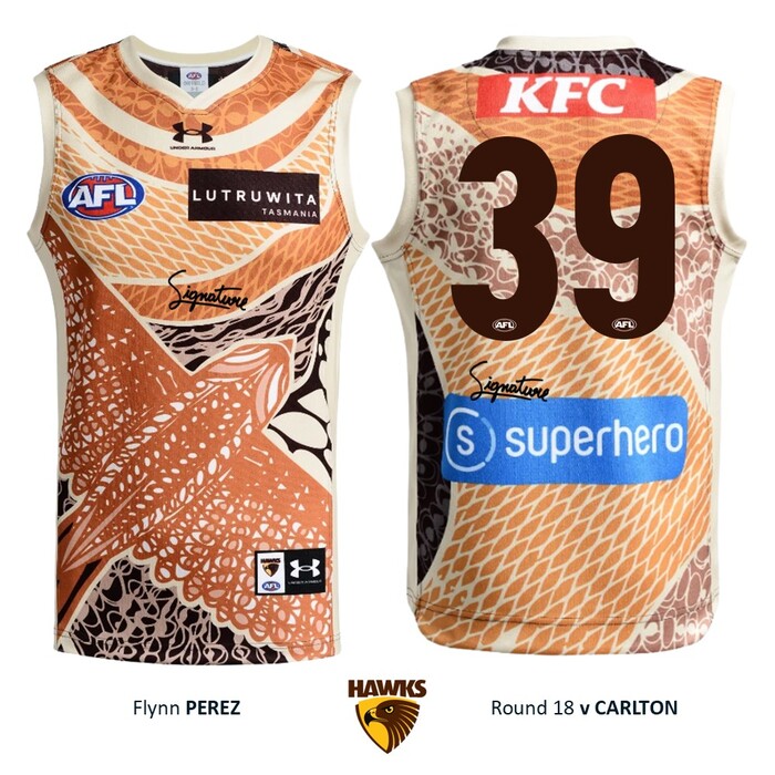 Photo of Flynn Perez #39 Hawthorn 2026 Indigenous Player-Issue Guernsey