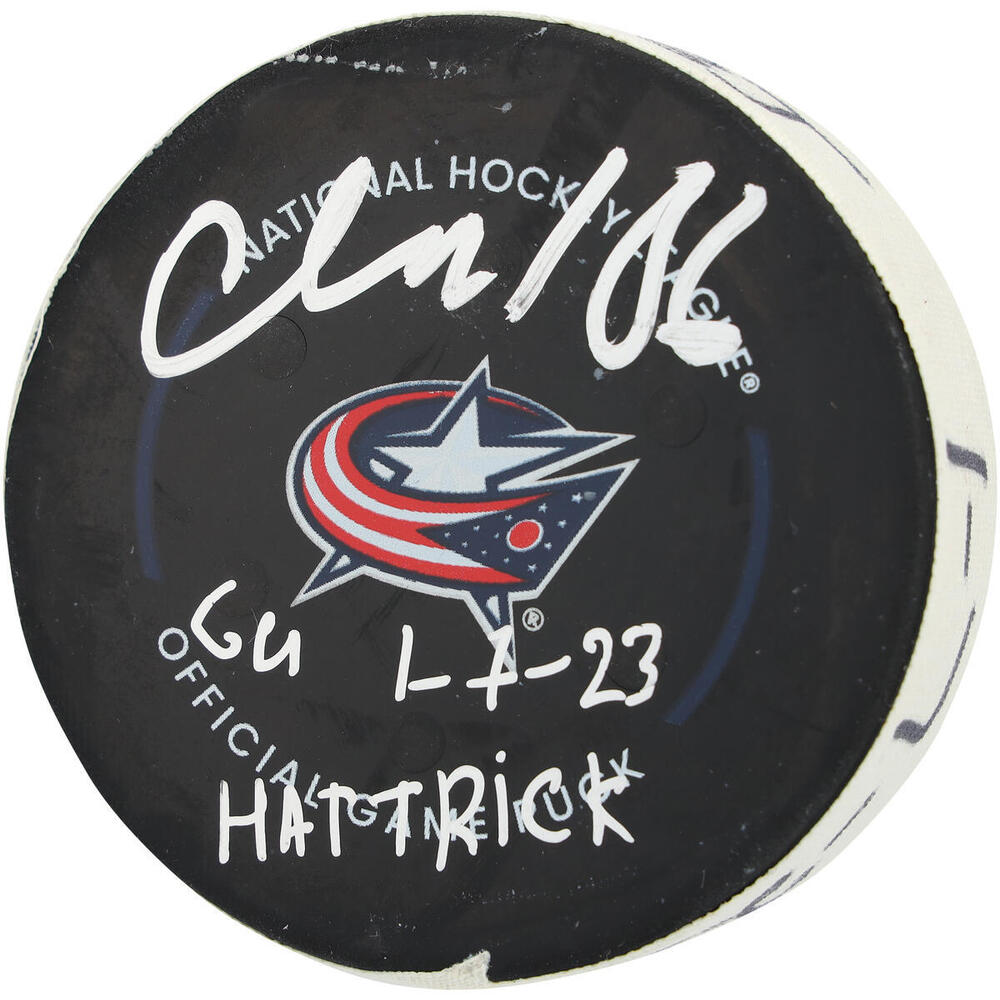 Kirill Marchenko Columbus Blue Jackets Autographed Game-Used Puck vs. Carolina Hurricanes on January 7, 2023 with Multiple Inscriptions