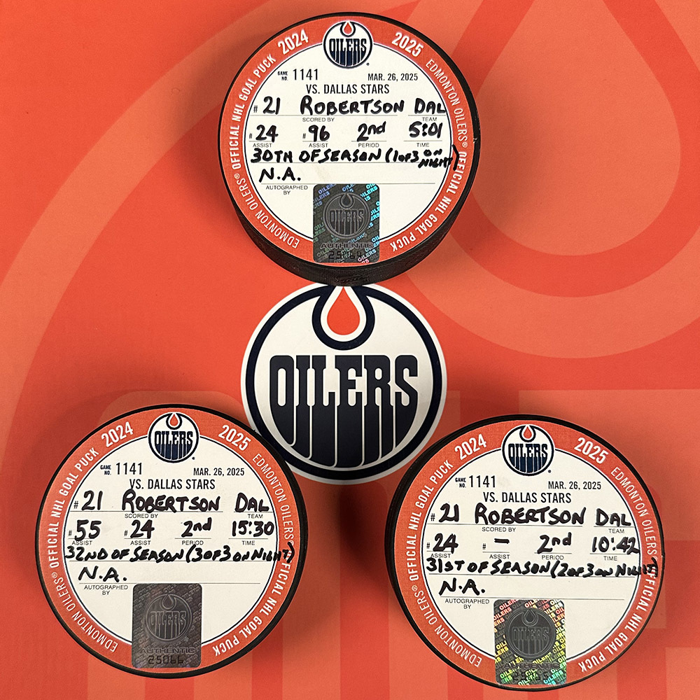 Jason Robertson #21 - Dallas Stars Hat Trick Goal Pucks From March 26, 2025 Vs Edmonton Oilers (30th, 31st & 32nd Goals Of 2024-25 Season)