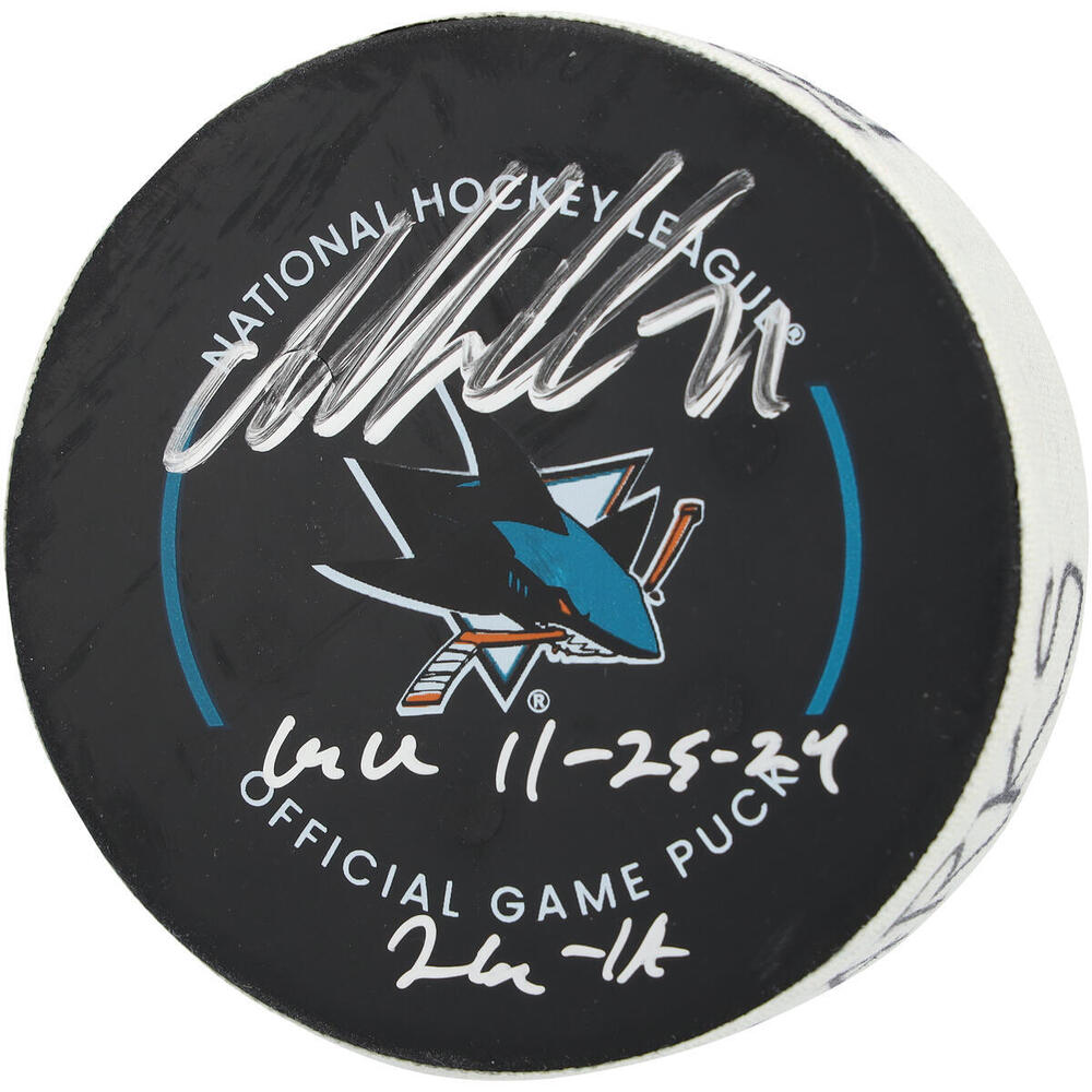 Macklin Celebrini San Jose Sharks Autographed Game-Used Puck vs. Los Angeles Kings on November 25, 2024 with Multiple Inscriptions