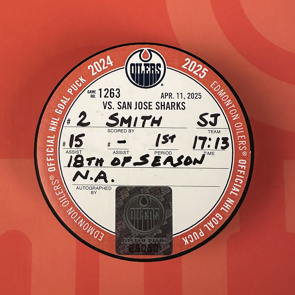William Smith #2 - San Jose Sharks Goal Puck From April 11, 2025 Vs Edmonton Oilers (18th Goal Of 2024-25 Season)