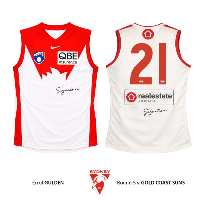 Photo of Errol Gulden #21 Sydney Swans 2026 Gather Round Player-Issue Guernsey