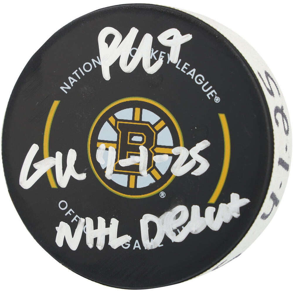 Ryan Leonard Washington Capitals Autographed Game-Used Puck vs. Boston Bruins on April 1, 2025 with Multiple Inscriptions