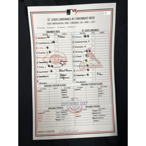 2021 Opening Day Lineup Card -- Replica -- Cardinals vs. Reds on 4/1/21