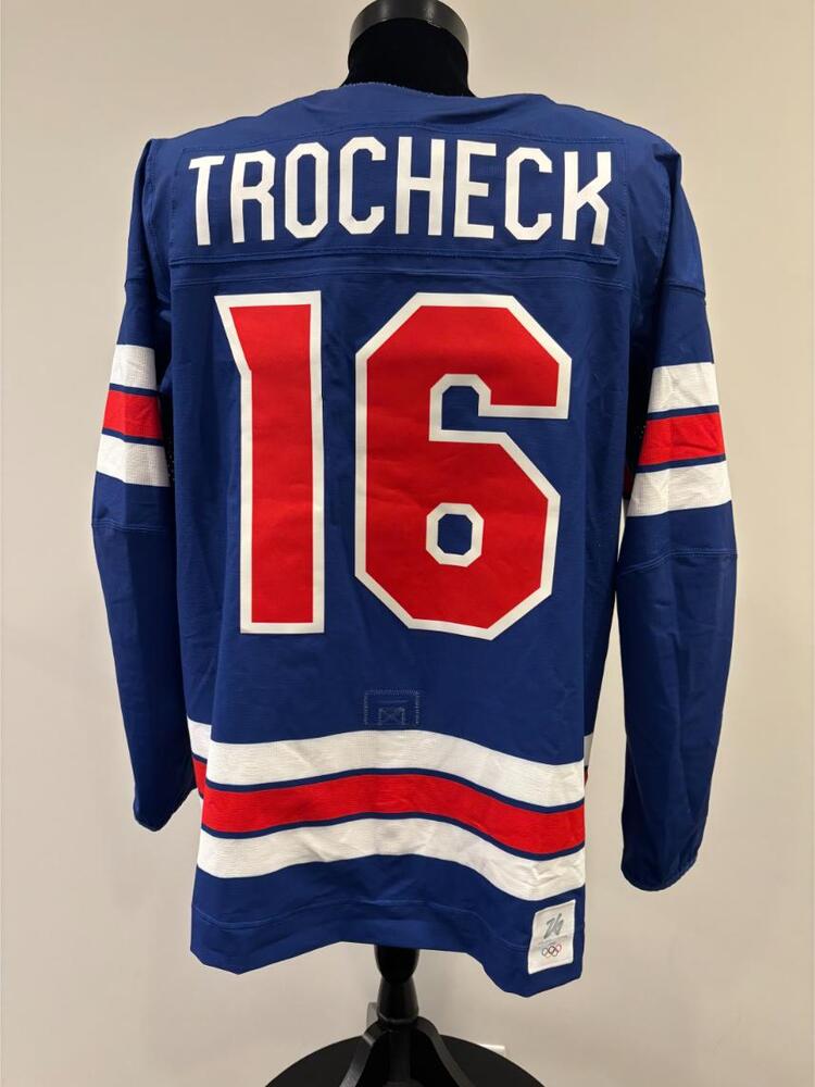 Vincent Trocheck USA Game-Used Blue Jersey worn v. Denmark on February 14, 2026, as a part of the 2026 Milano Cortina Winter Games.
