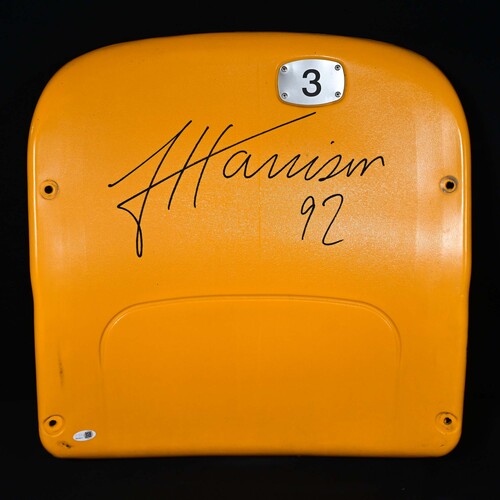 Image of Gold Acrisure Stadium Seat Back<br>Autographed by James Harrison<br>Pittsburgh Steelers
