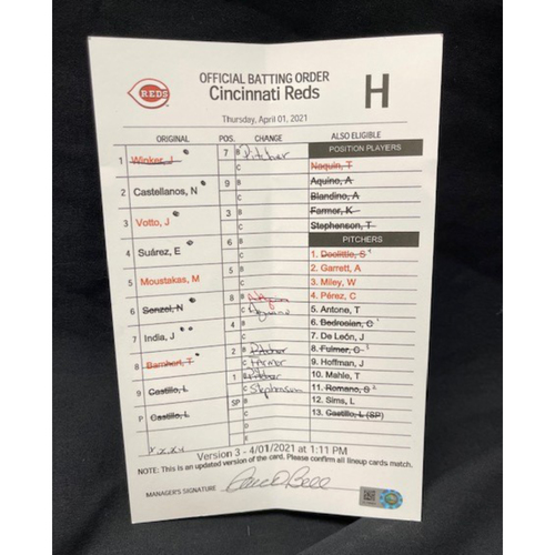 2021 Opening Day -- Game-Used -- Official Batting Order Card -- Cincinnati Reds -- Cardinals vs. Reds on 4/1/21 -- $5 Shipping