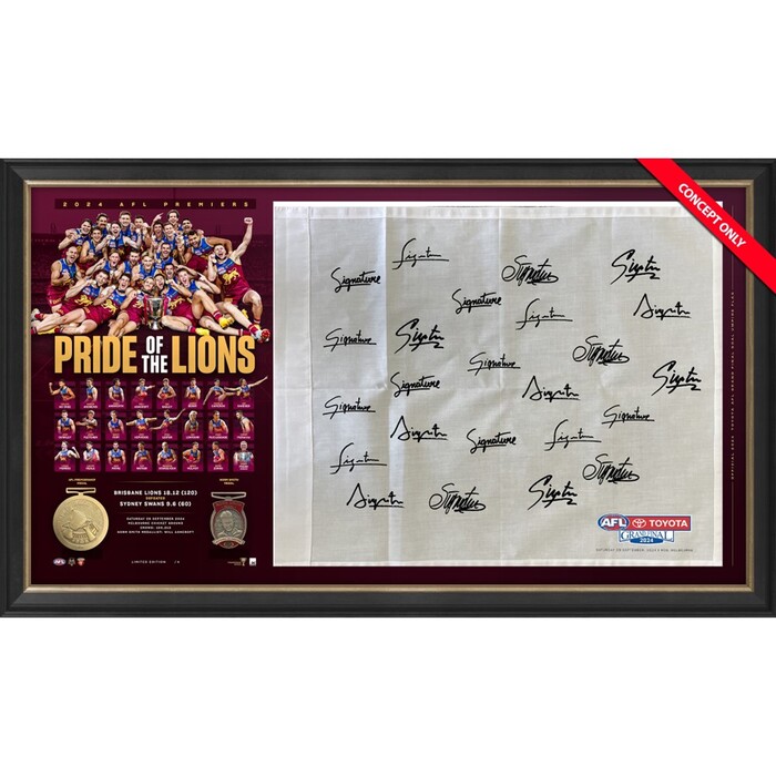 Brisbane Lions 2024 Premiers Team Signed Match Used Goal Umpire Flag Display