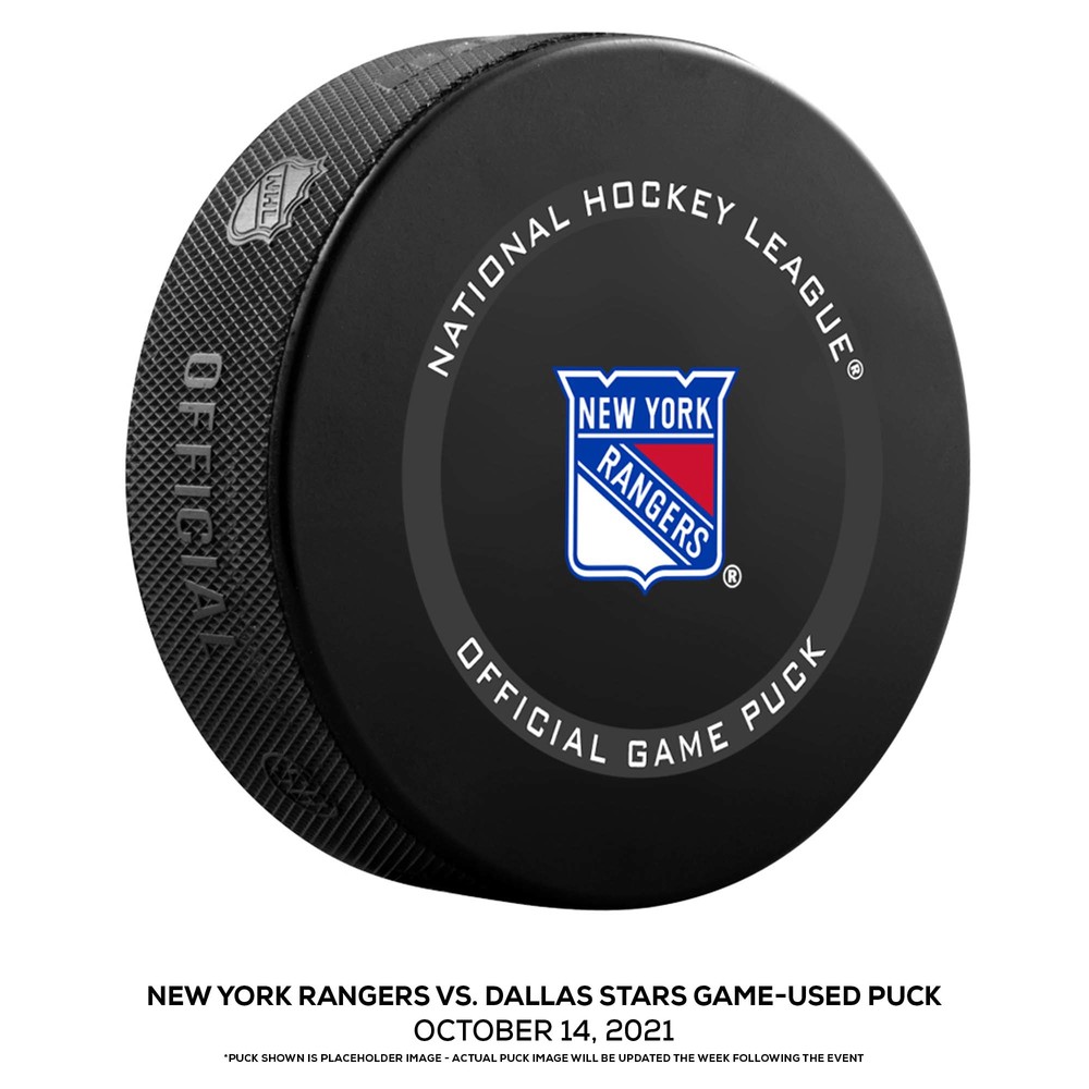 New York Rangers Game-Used Puck vs. Dallas Stars on October 14, 2021 - Nils Lundkvist NHL Debut