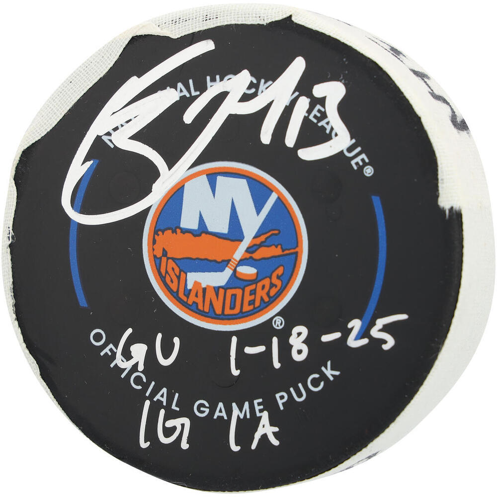 Mathew Barzal New York Islanders Autographed Game-Used Puck vs. San Jose Sharks on January 18, 2025 with Multiple Inscriptions