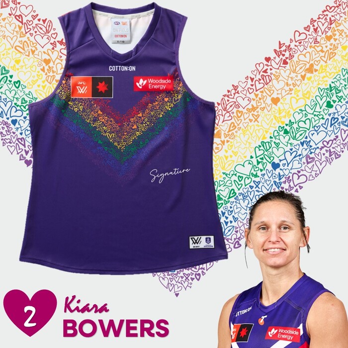 Photo of Kiara Bowers #2 2025 Fremantle AFLW Pride Match-Worn Guernsey