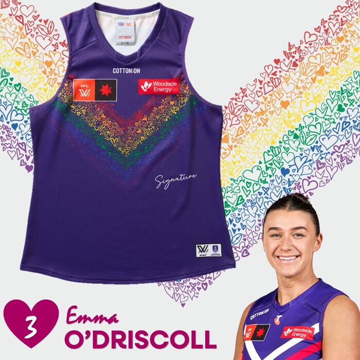 Photo of Emma O'Driscoll #3 2025 Fremantle AFLW Pride Match-Worn Guernsey