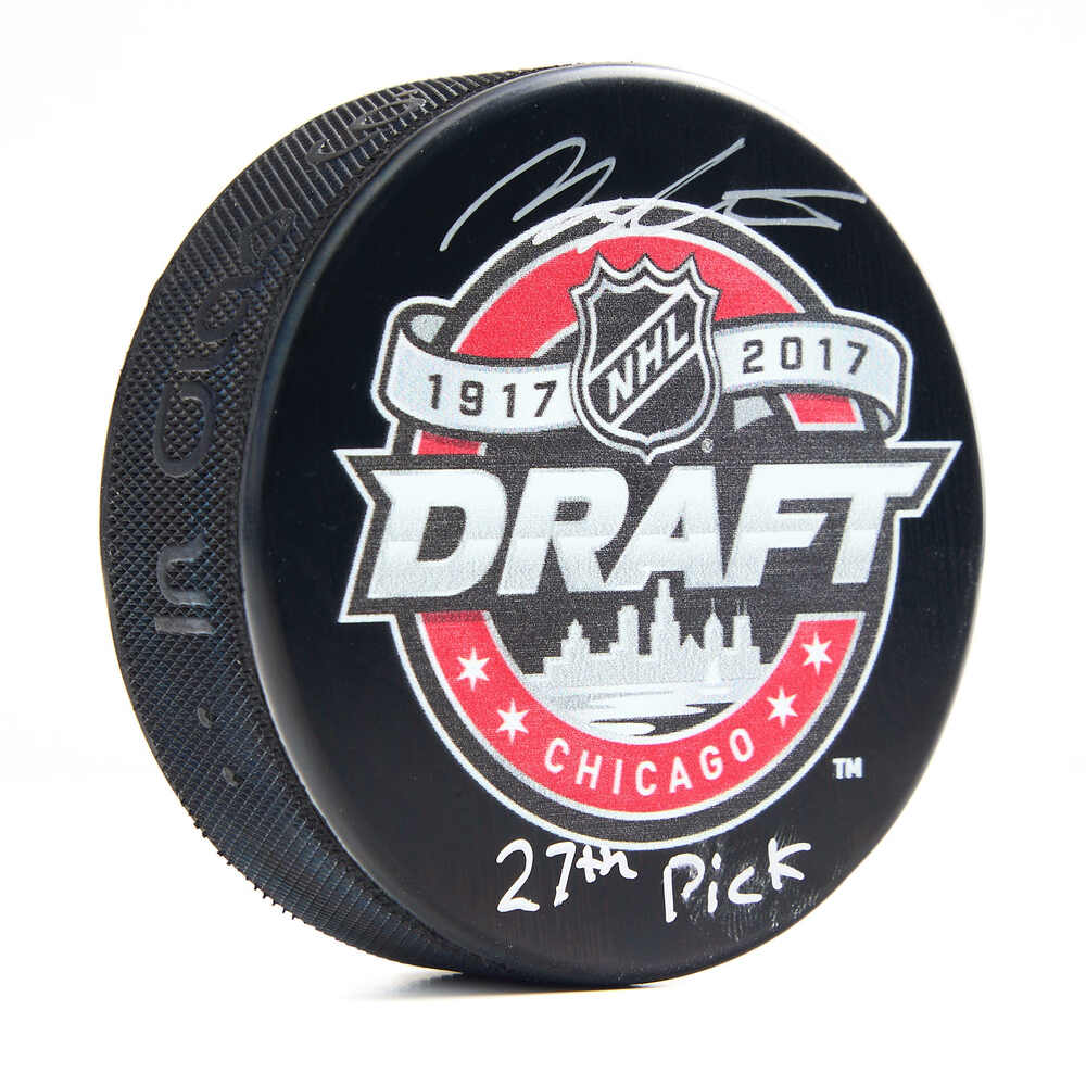 Morgan Frost Autographed 2017 NHL Entry Draft Puck with 6th Pick Note