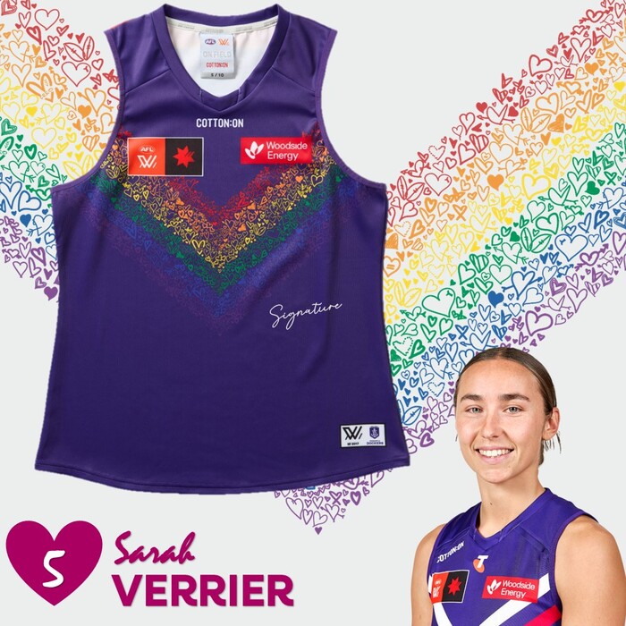 Photo of Sarah Verrier #5 2025 Fremantle AFLW Pride Match-Worn Guernsey