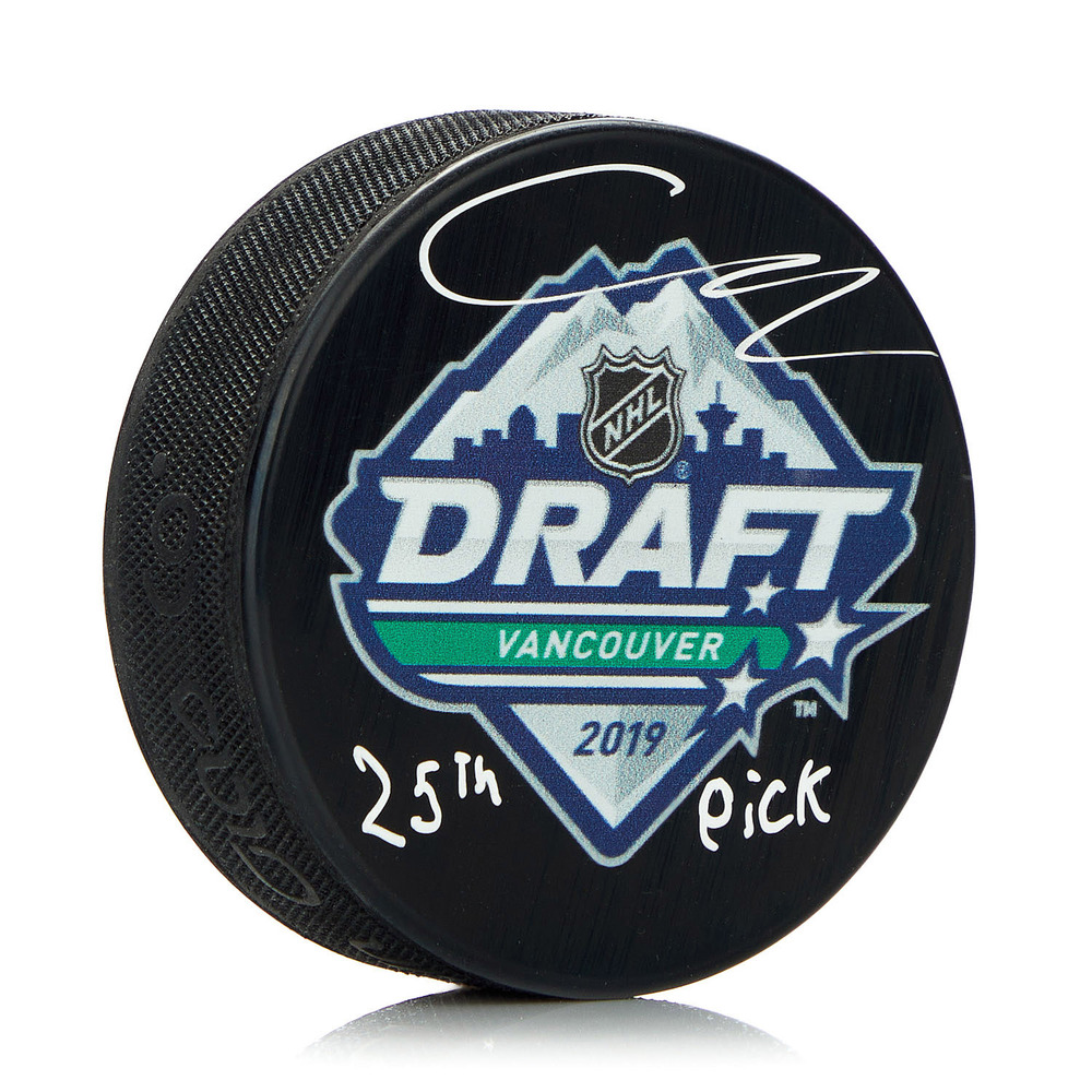 Connor McMichael Signed 2019 NHL Entry Draft Puck with 25th Pick Note