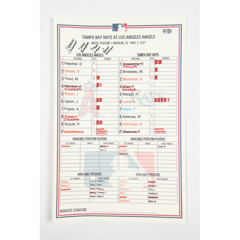 2021 Game Used Lineup Card MVP Shohei Ohtani's 9th Home Run of the