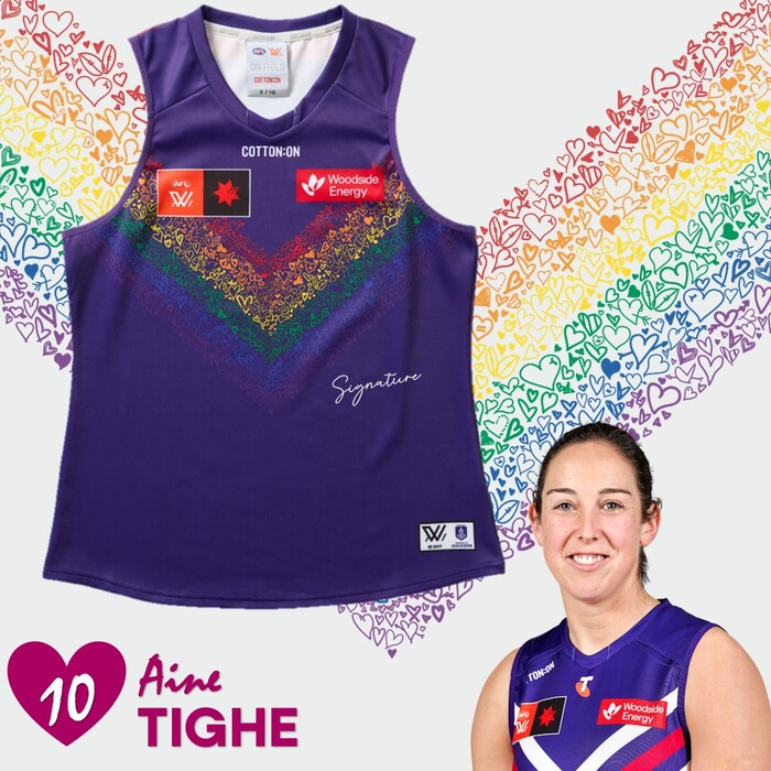 Photo of Aine Tighe #10 2025 Fremantle AFLW Pride Match-Worn Guernsey