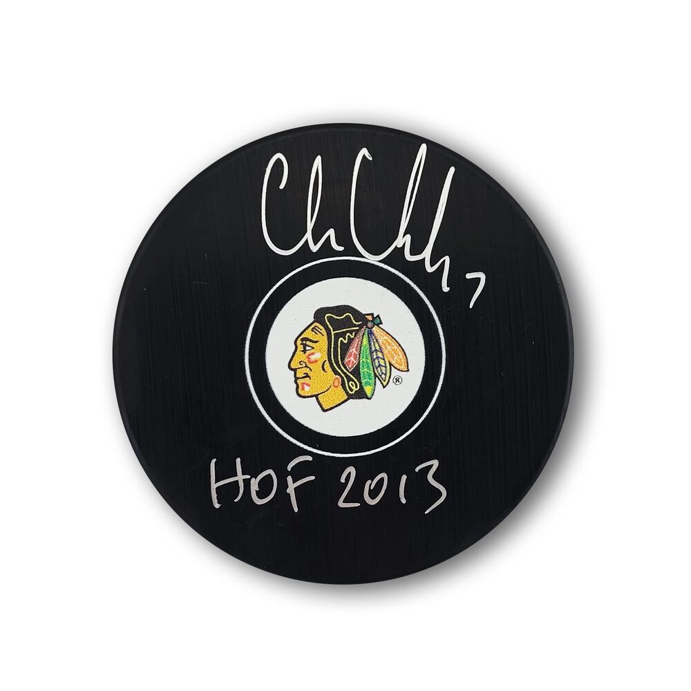 Chris Chelios Autographed Chicago Black Hawks Hockey Puck HOF 2013