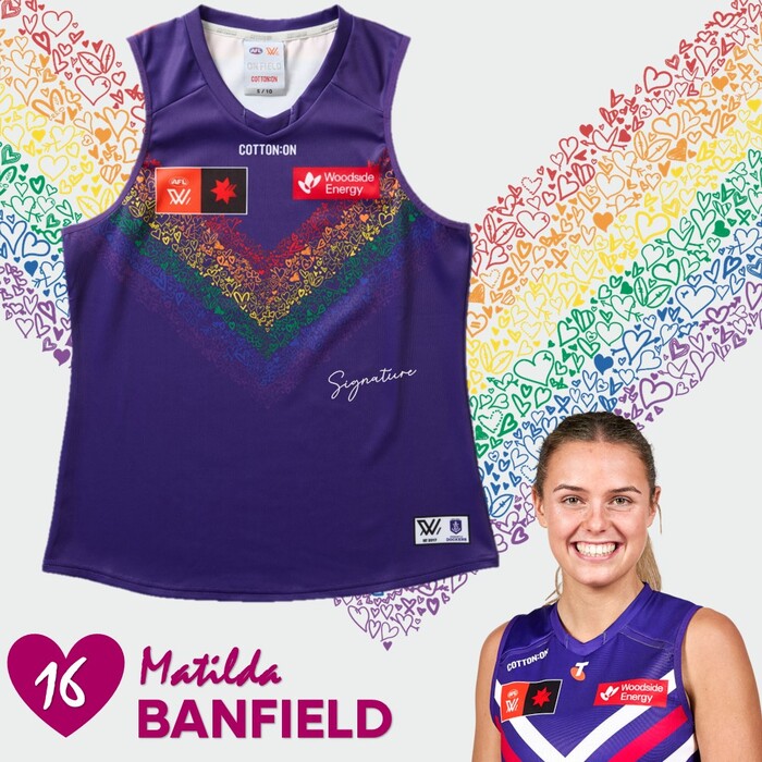 Photo of Matilda Banfield #16 2025 Fremantle AFLW Pride Match-Worn Guernsey