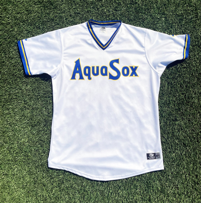 Game worn Everett AquaSox Throwback Mariners Jersey #17 Bryan Woo.  Size 46