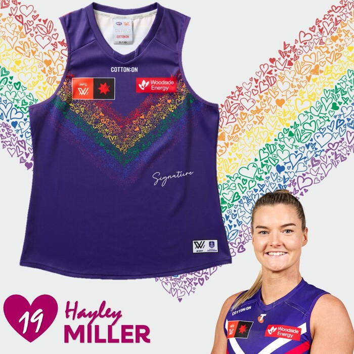 Photo of Hayley Miller #19 2025 Fremantle AFLW Pride Match-Worn Guernsey
