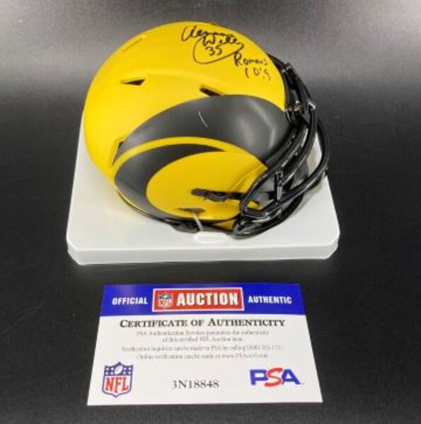 black football rams helmets Kurt Warner Isaac Bruce Torry Holt & Marshall Faulk St. Louis Autographed Riddell VSR4 Throwback Authentic Helmet LIMITED TO 6 PER CUSTOMER The Los Angeles Rams Limited Edition Pocket Size Helmet features a navy shell NFL Auction | The official