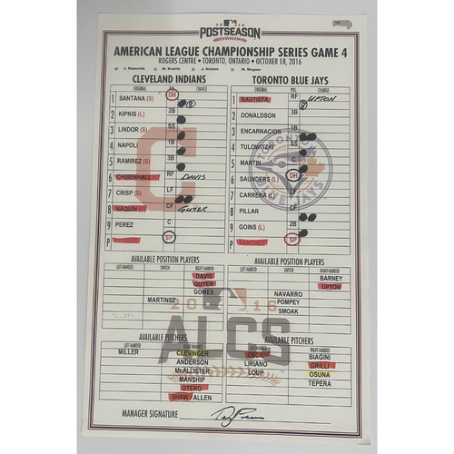 Game-Used Line-up Card - ALCS Game 4 - 10/18/2016 - Indians at Blue Jays