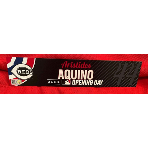Aristides Aquino -- 2021 Opening Day Locker Tag -- Game-Used -- Cardinals vs. Reds on 4/1/21