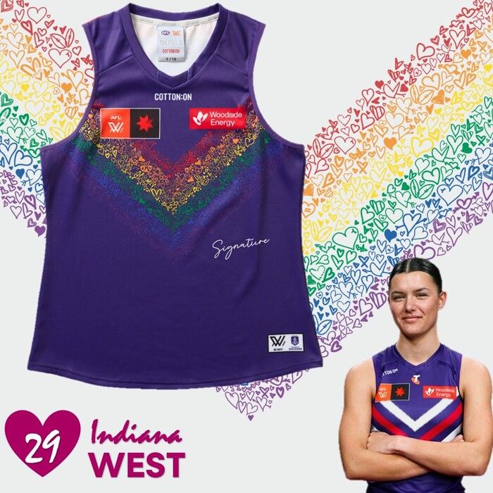Photo of Indiana West #29 2025 Fremantle AFLW Pride Match-Worn Guernsey