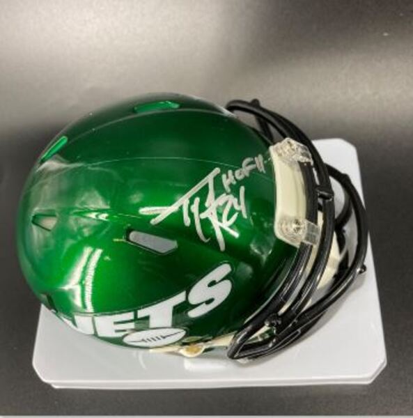 HOF - Jets Ty Law Signed Mini Helmet with HOF 19 Inscription