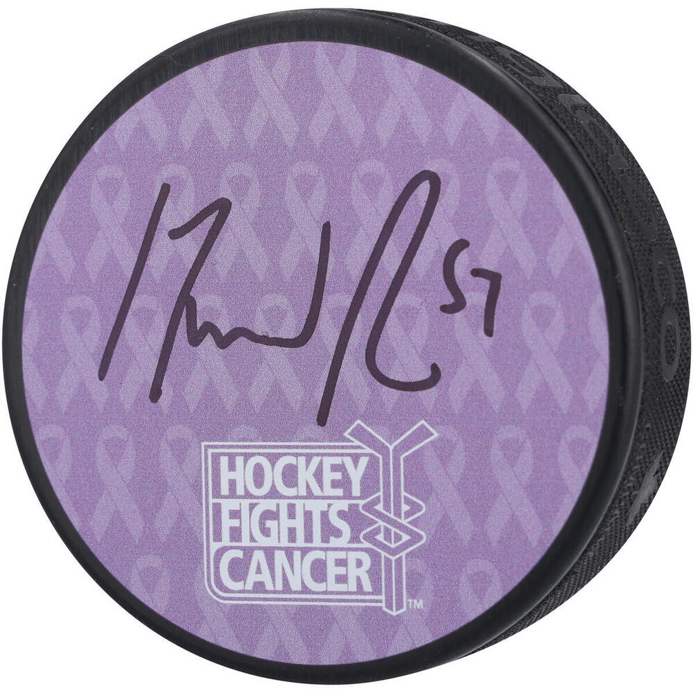 David Perron Detroit Red Wings Autographed Hockey Fights Cancer Hockey Puck - NHL Auctions Exclusive