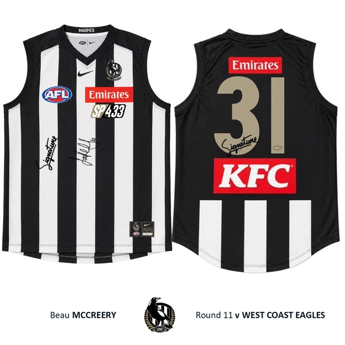 Photo of Beau McCreery #31 Collingwood 2026 SP433 Gold Number Dual Signed Match Worn Guernsey