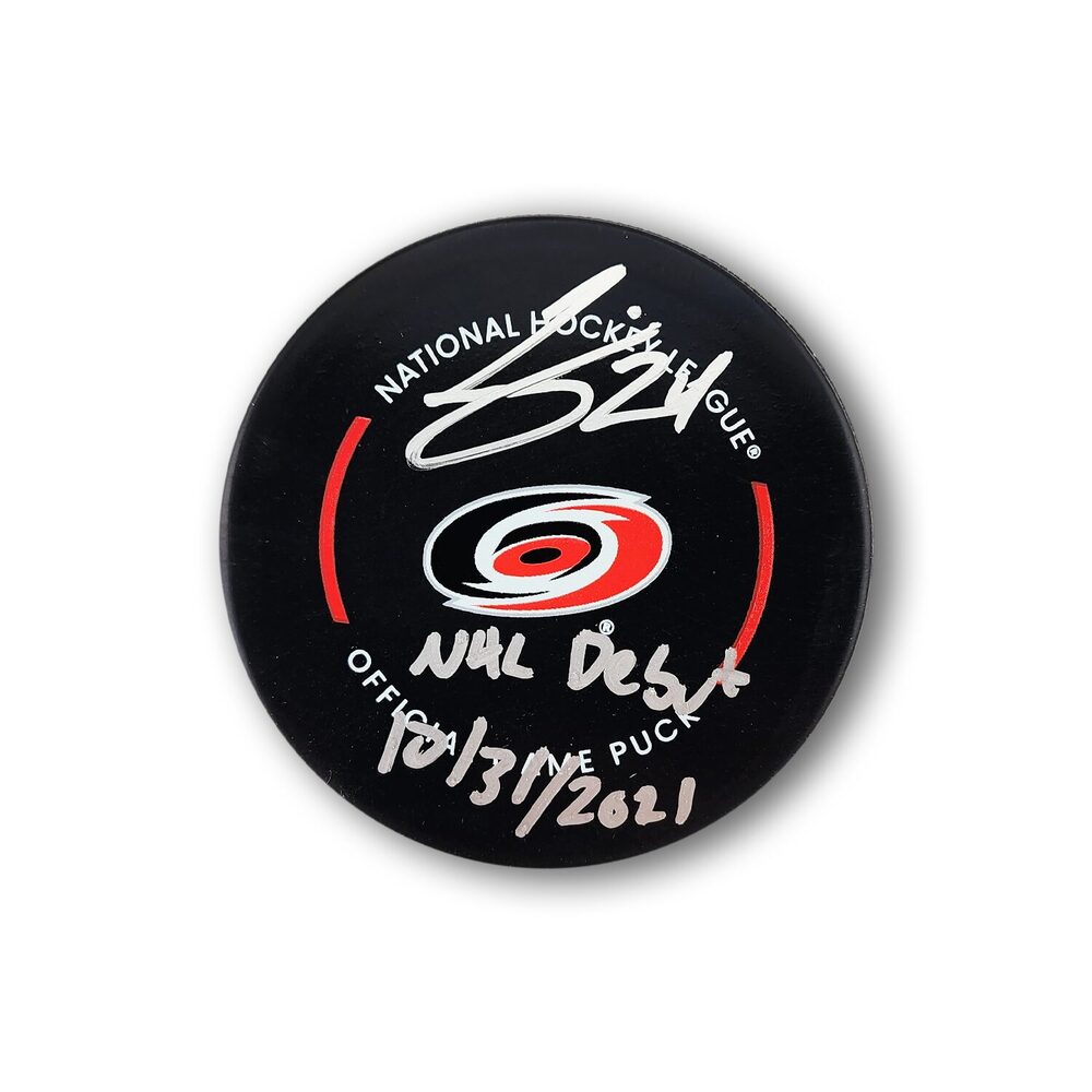 Seth Jarvis Autographed Carolina Hurricanes Official Hockey Puck Inscribed NHL Debut