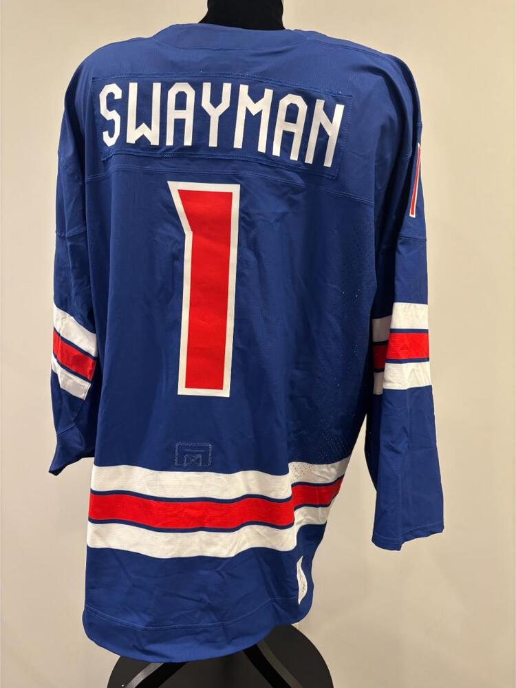 Jeremy Swayman USA Game-Used Blue Jersey worn v. Denmark on February 14, 2026, as a part of the 2026 Milano Cortina Winter Games.