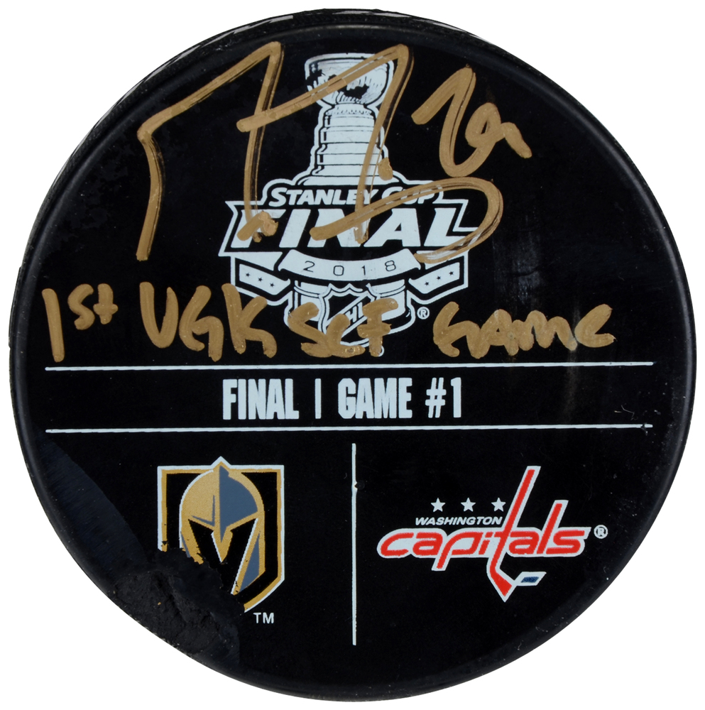 Marc-Andre Fleury Vegas Golden Knights Autographed 2018 Stanley Cup Final Game 1 Warm-Up Puck with 1st VGK SCF Game Inscription