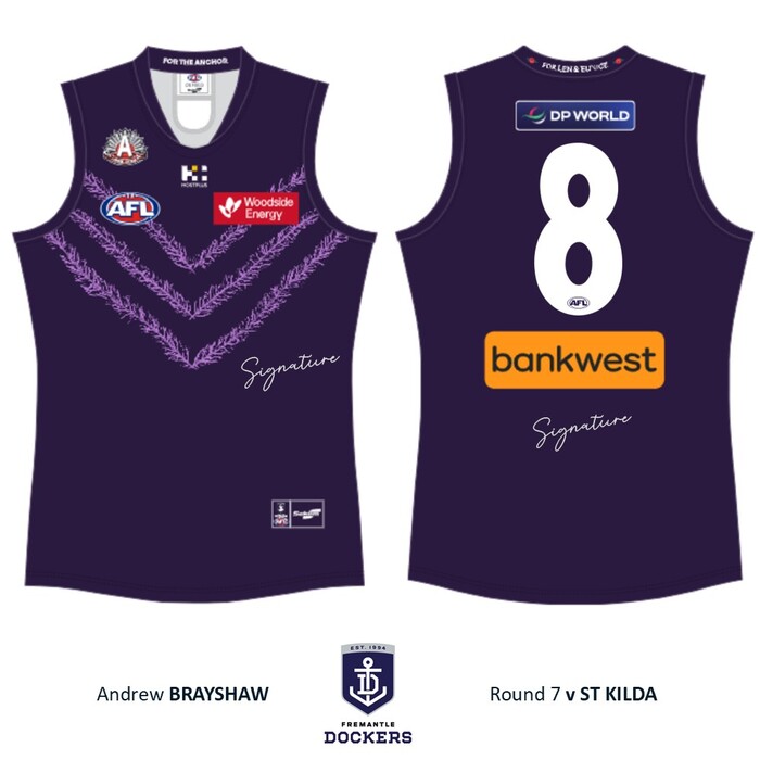 Photo of Andrew Brayshaw #8 Fremantle 2026 Len Hall ANZAC Day Match-Worn Guernsey
