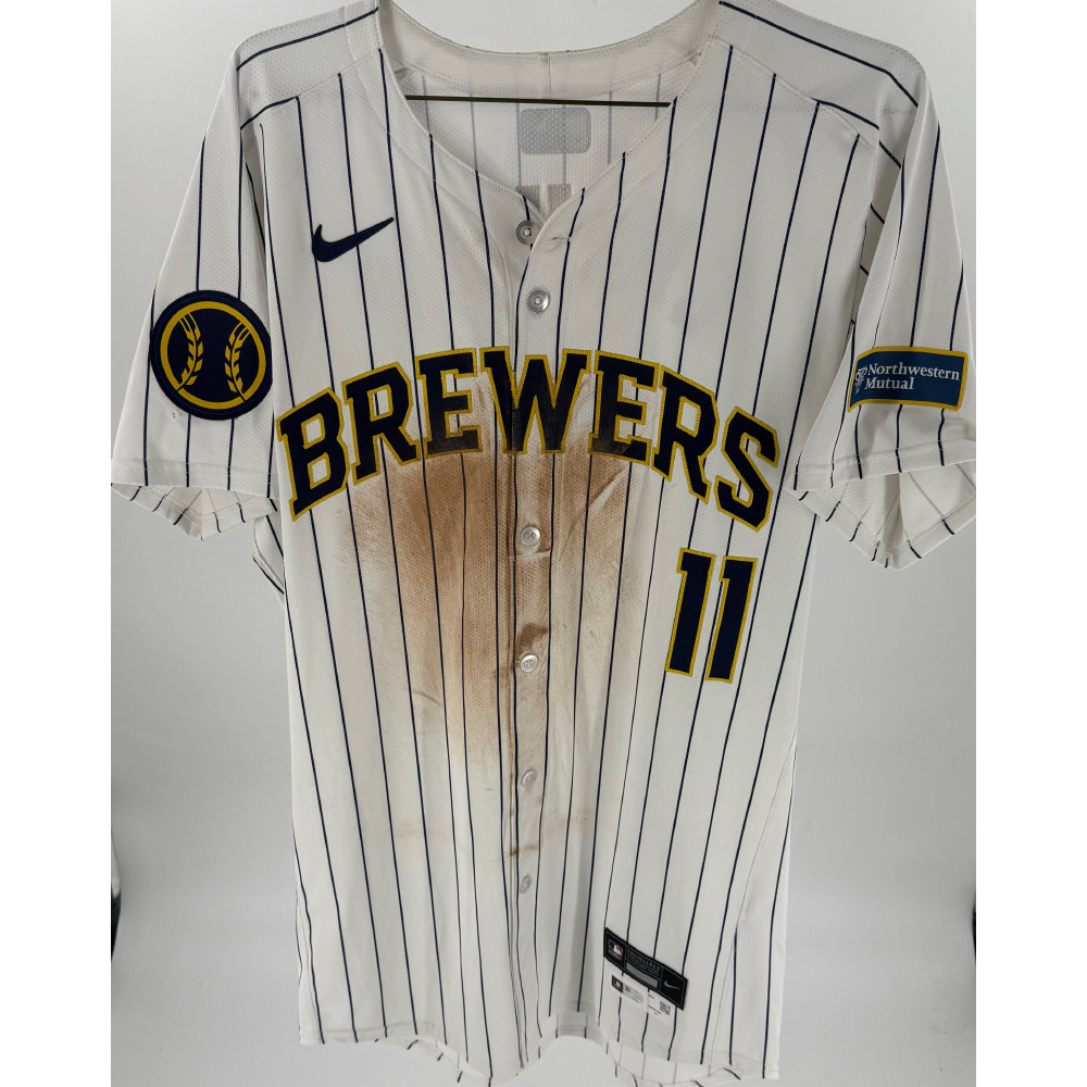 Jackson Chourio Rookie Year Game-Used Pinstripe Jersey Used In