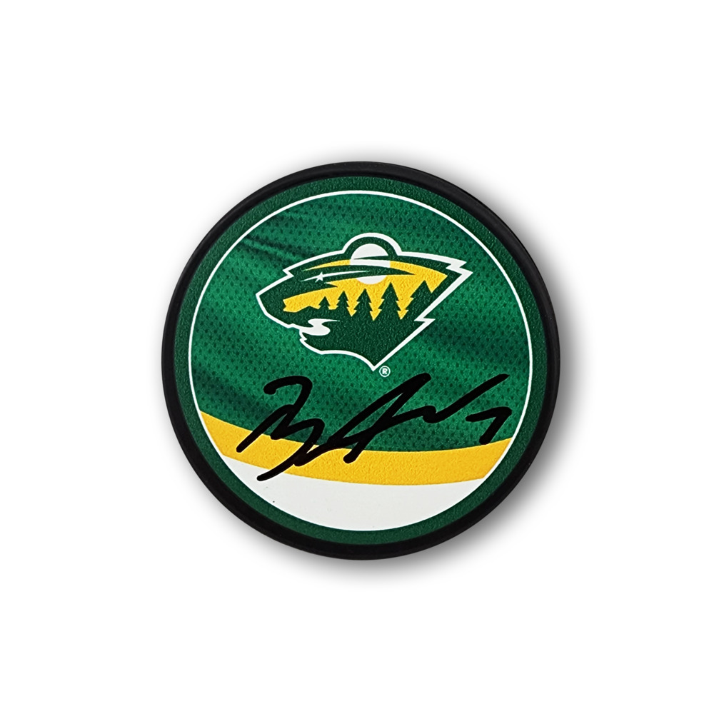 Brock Faber Autographed Minnesota Wild Reverse Retro Hockey Puck
