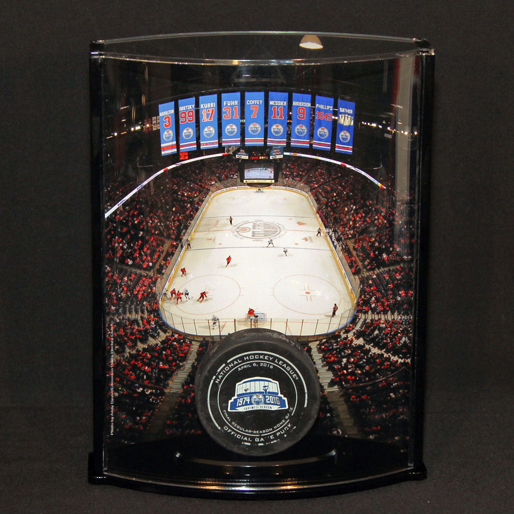 Edmonton Oilers Final NHL Game At Rexall Place Game Used Puck From The 1st Period vs Vancouver Canucks on April 6th, 2016 - Includes Bonus 8x10 Photo From The Night & Custom Display Case