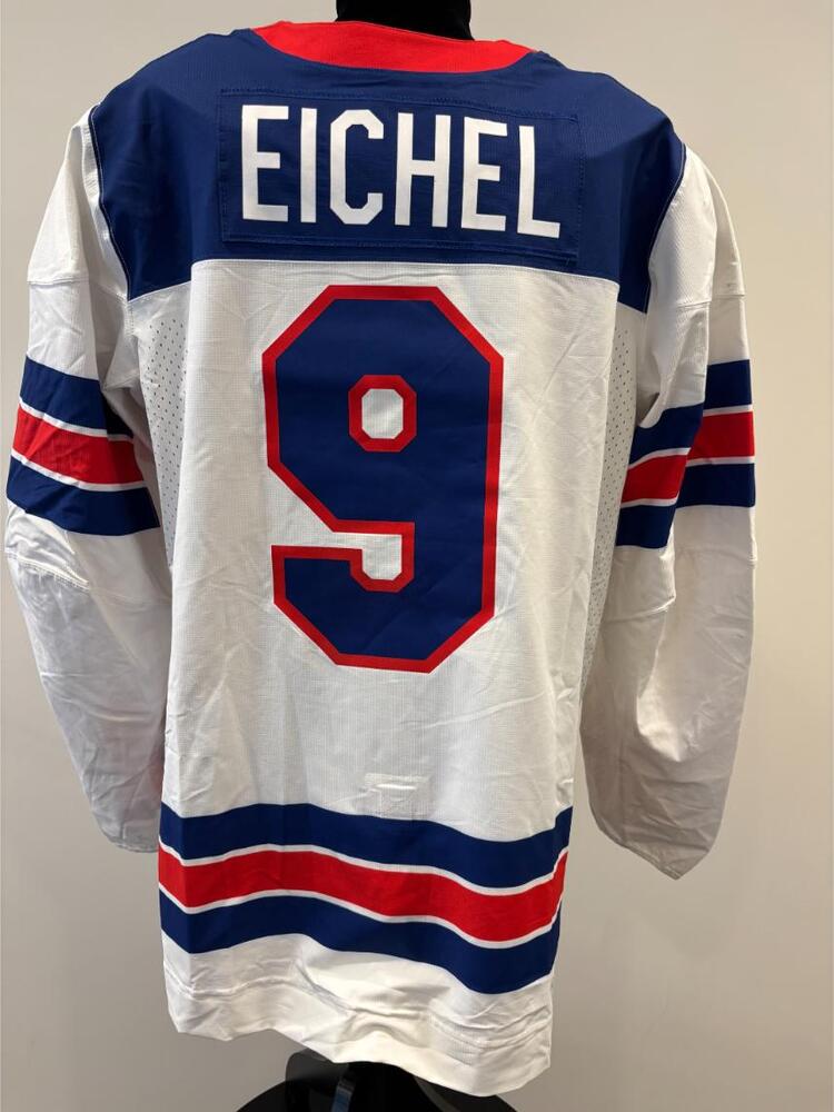 Jack Eichel USA Game-Used White Jersey worn v. Germany on February 15, 2026, as a part of the 2026 Milano Cortina Winter Games.