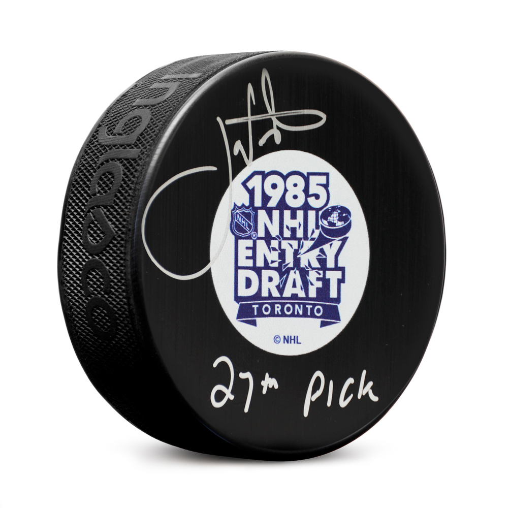 Joe Nieuwendyk Signed 1985 NHL Entry Draft Puck with 27th Pick Note