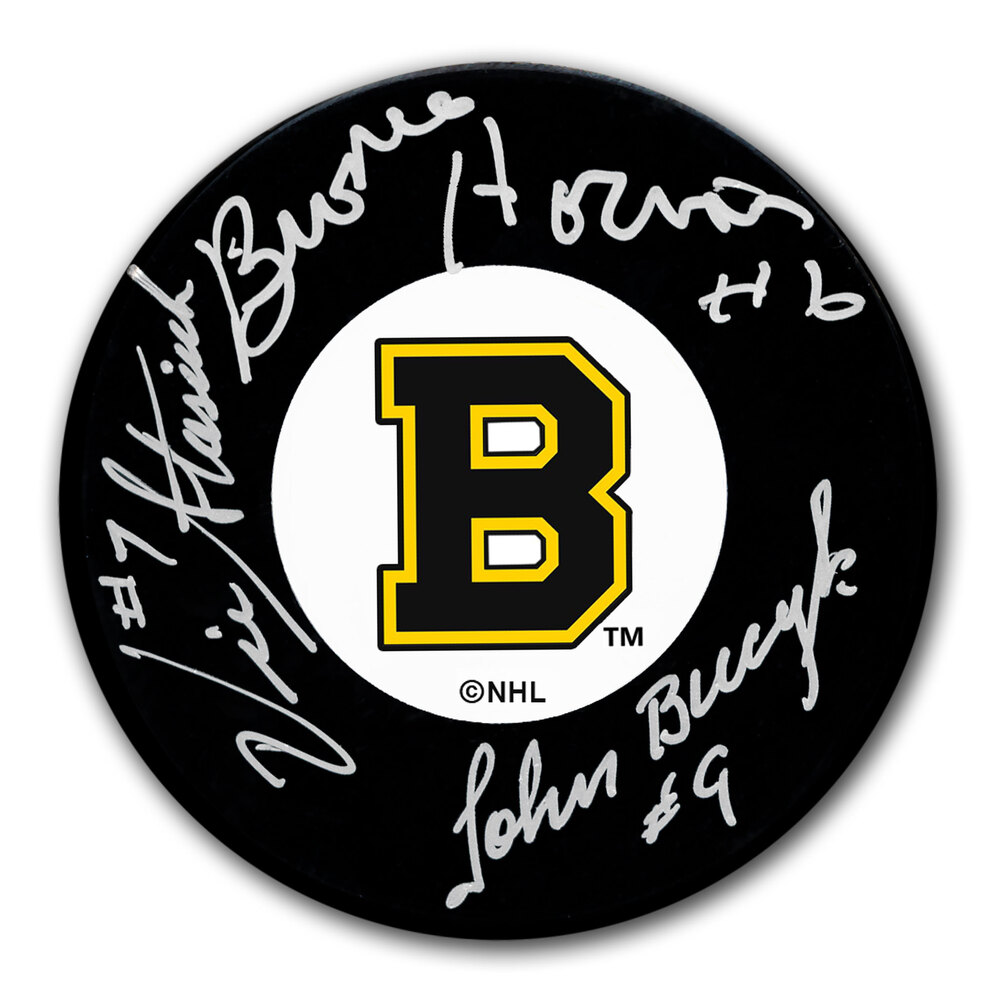 Johnny Bucyk Bronco Horvath Vic Stasiuk Boston Bruins Uke Line Autographed Puck