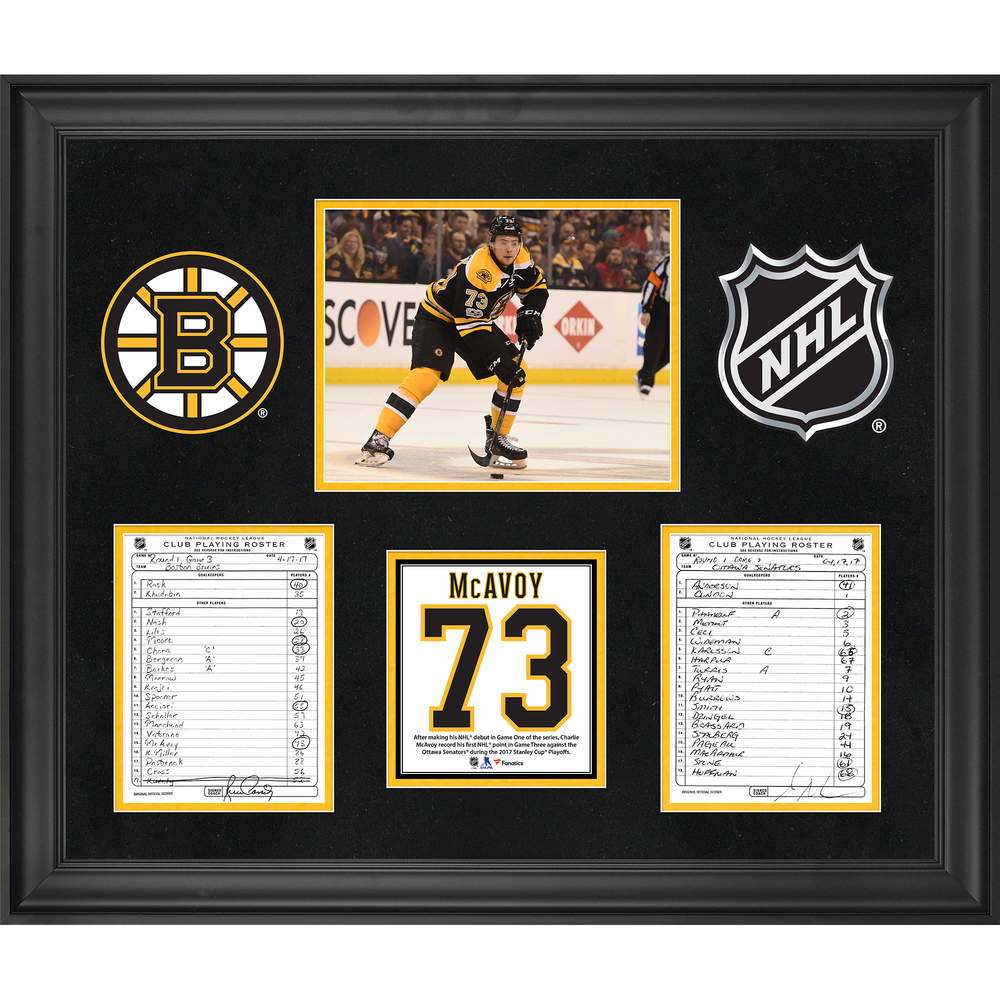 Boston Bruins Framed Original Line-Up Cards from April 17, 2017 vs. Ottawa Senators - Charlie McAvoy First NHL Point