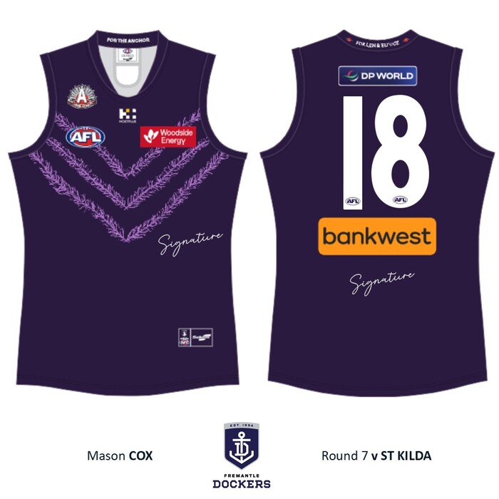 Photo of Mason Cox #18 Fremantle 2026 Len Hall ANZAC Day Match-Worn Guernsey