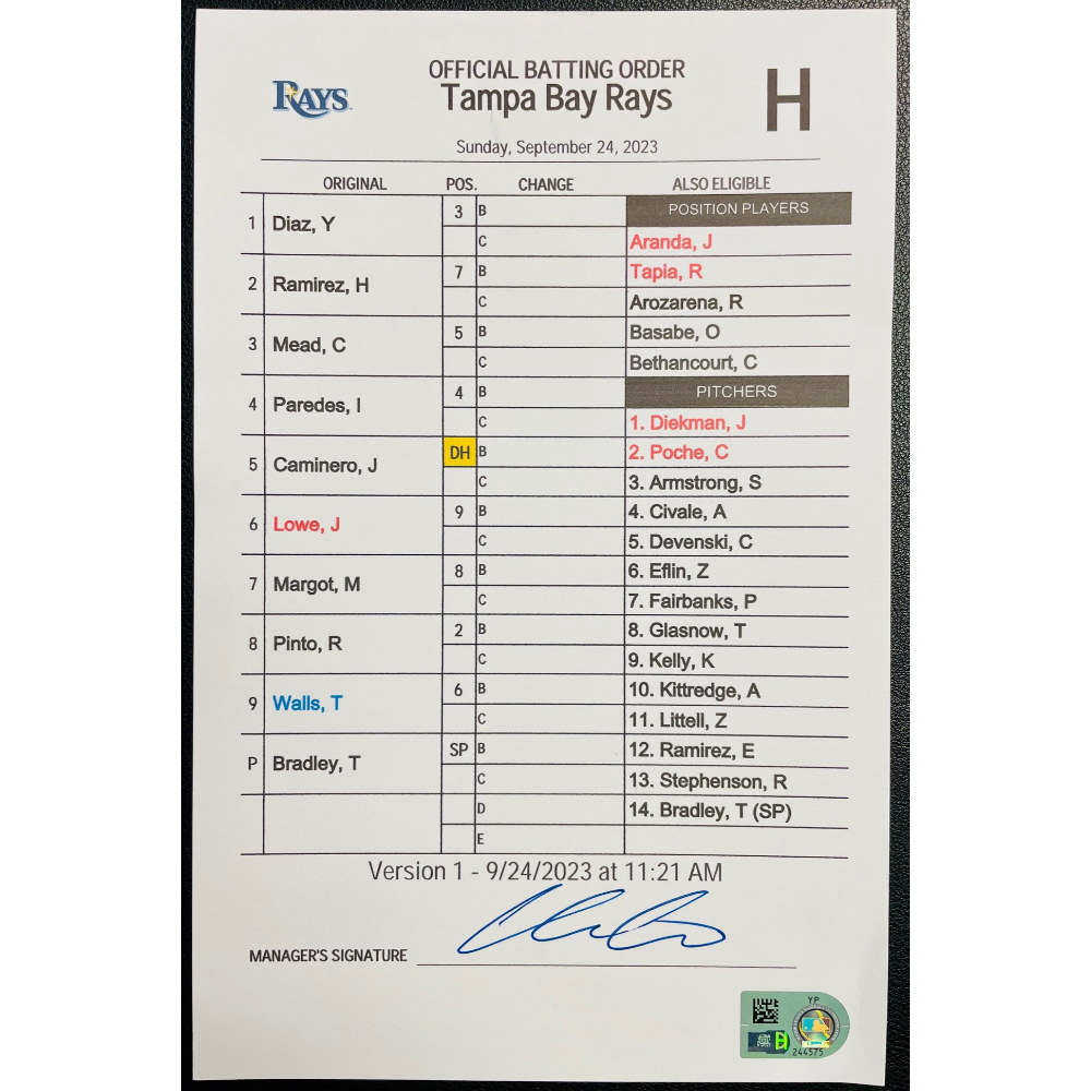 Game Used Official Batting Order Cards Package Tampa Bay Rays v