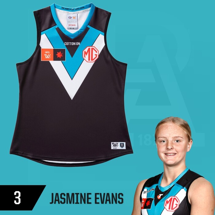 Photo of Jasmine Evans #3 Port Adelaide 2025 Home Match-Worn Guernsey *Debut Season*