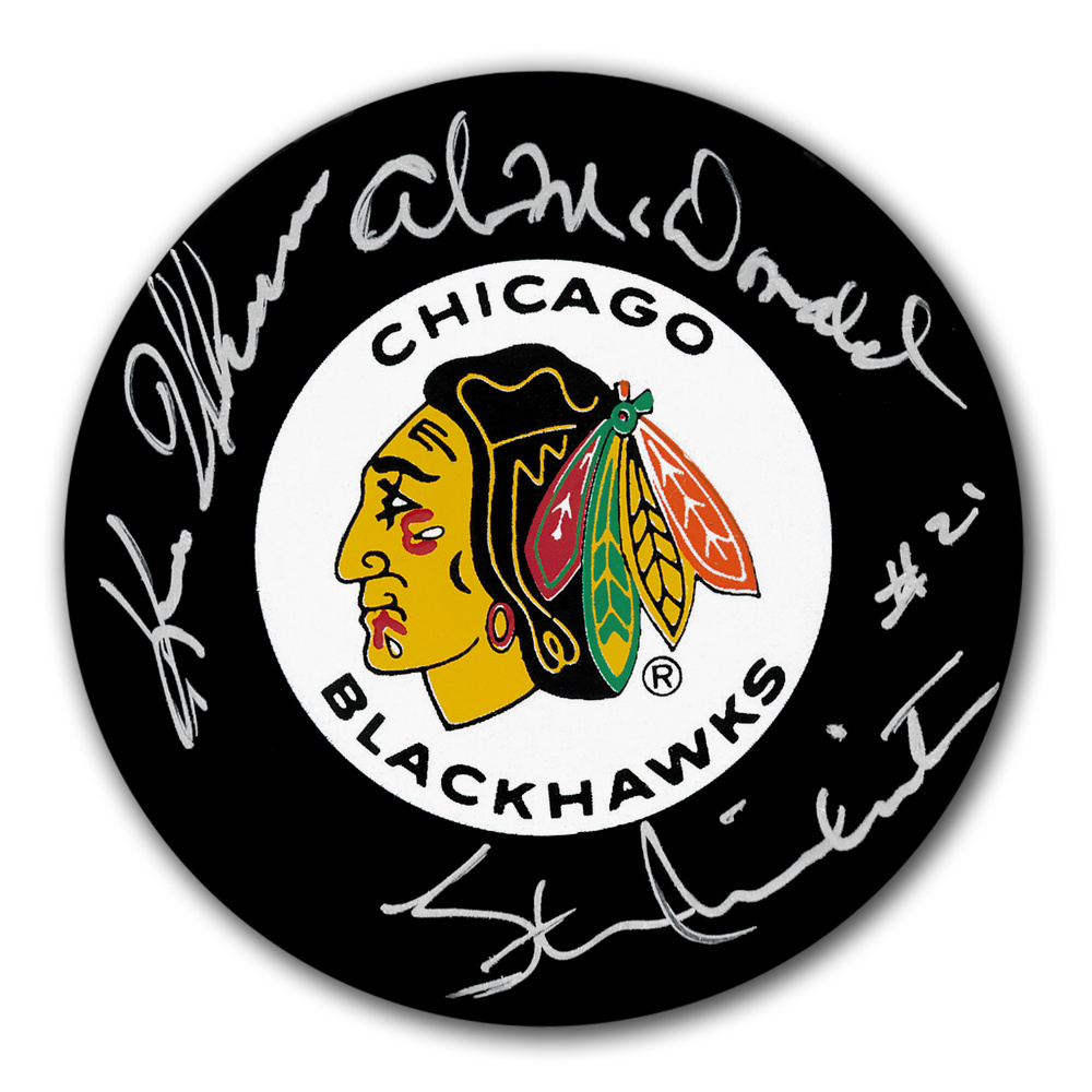 Stan Mikita Kenny Wharram Ab McDonald Chicago Blackhawks Scooter Line Autographed Puck