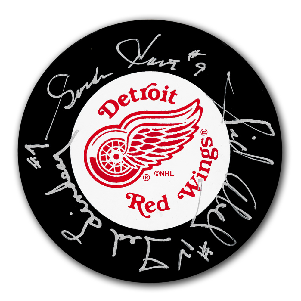 Gordie Howe Sid Abel Ted Lindsay Detroit Red Wings Production Line Autographed Puck