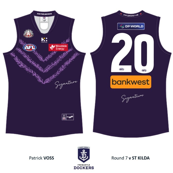Photo of Patrick Voss #20 Fremantle 2026 Len Hall ANZAC Day Guernsey
