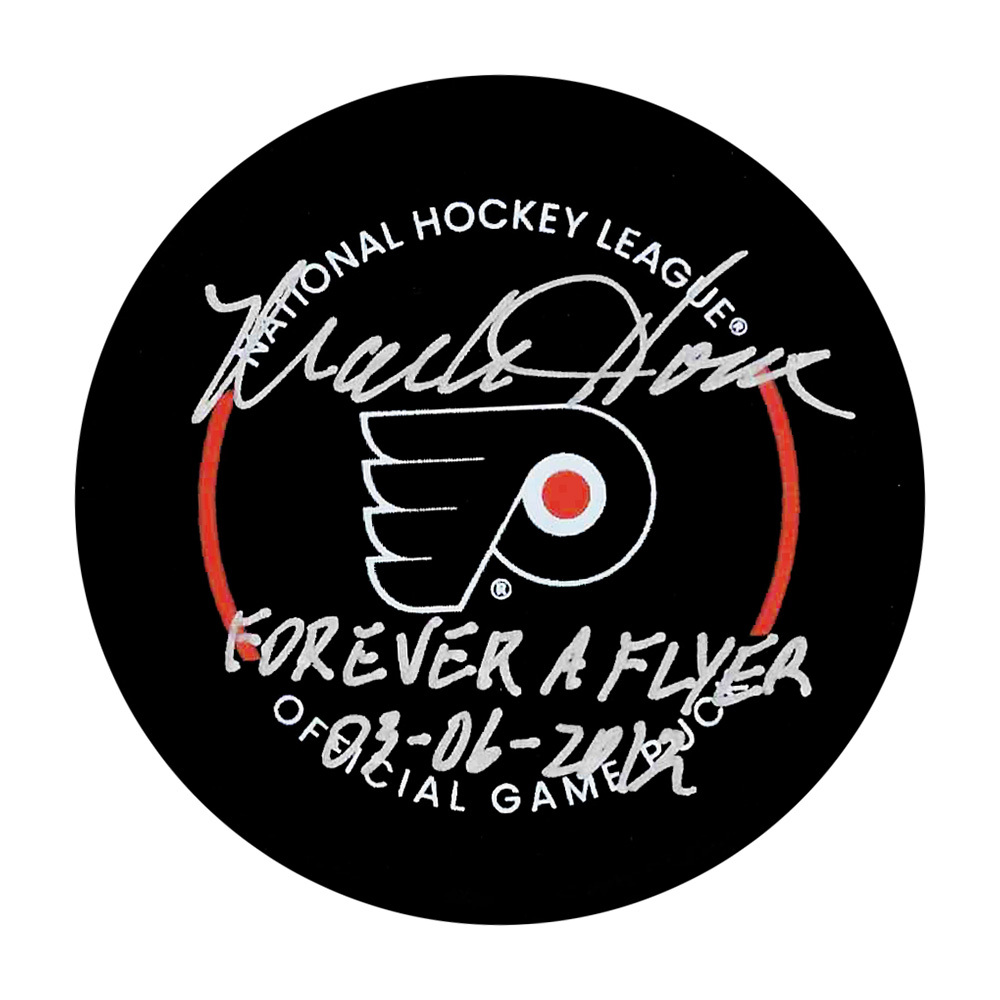 Mark Howe Autographed Philadelphia Flyers Official Game Puck w/FOREVER A FLYER 03-06-2012 Inscription